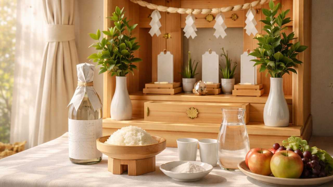 御霊舎の前に米・酒・塩・水を整えて供える神道の家庭