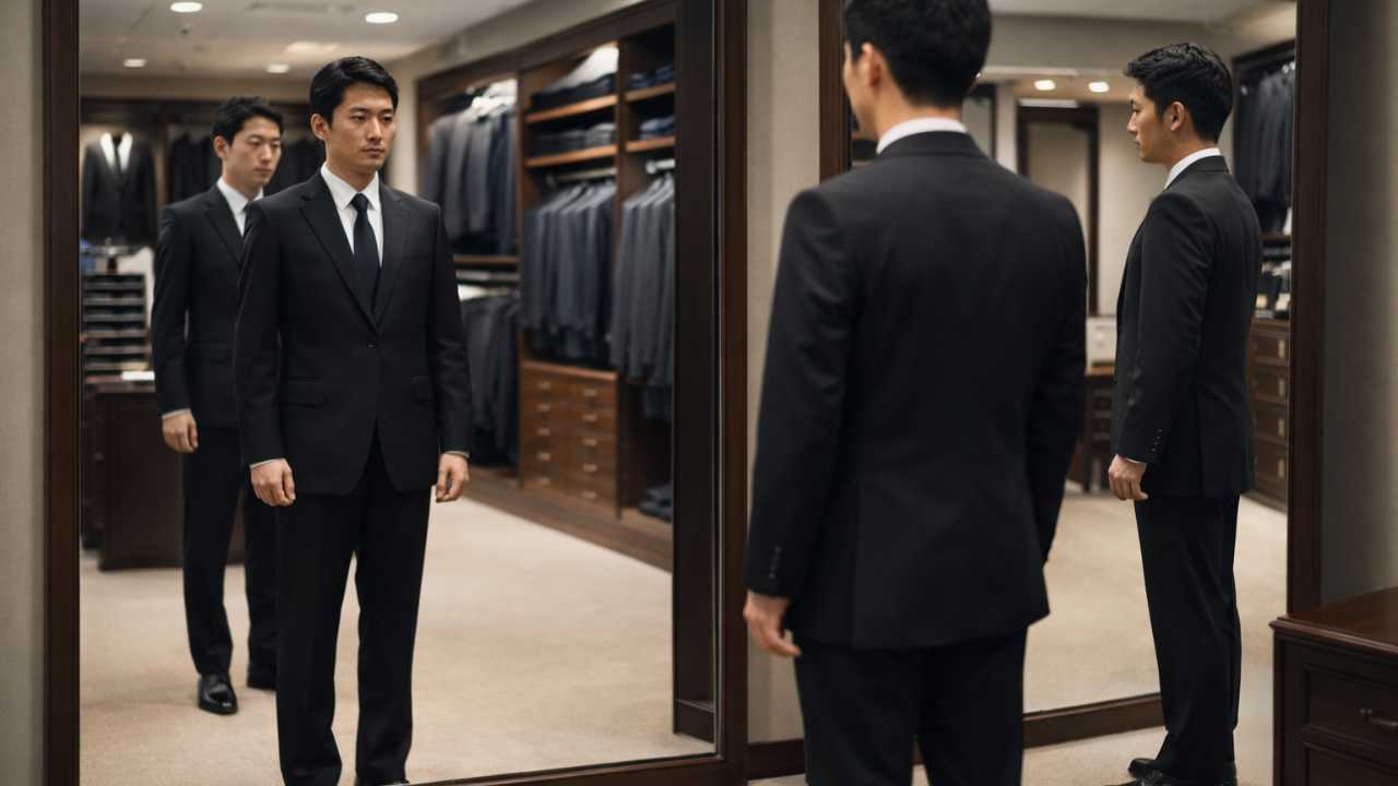 店頭で礼服を試着し、正面と横姿を鏡で確認している男性