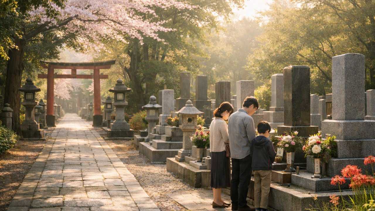 神道のお彼岸をテーマにしたブログ用アイキャッチ、春分または秋分のやわらかな自然光、静かな神社の参道と手入れされた墓所が同じ世界観でつながる構図