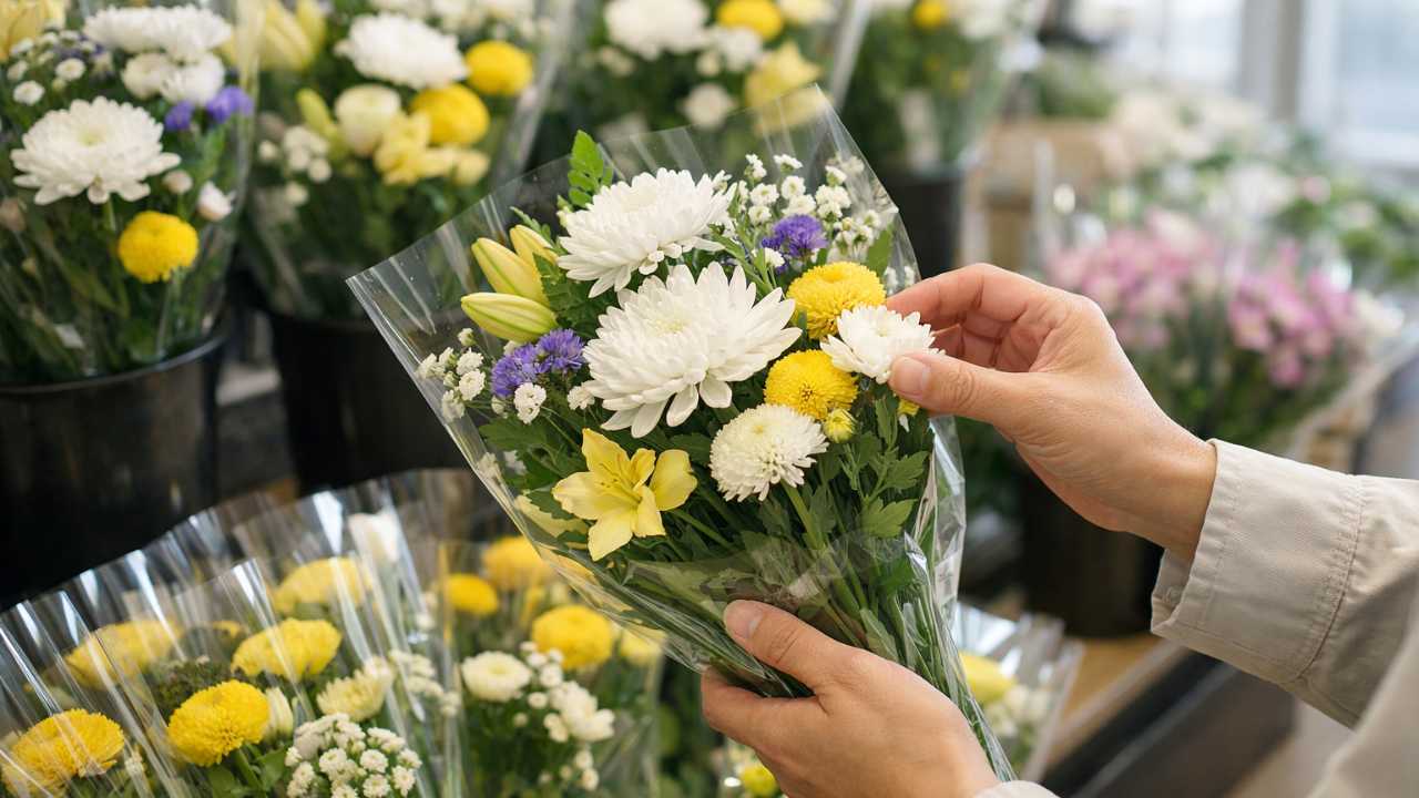 お墓参り用の花をスーパーの生花コーナーで選んでいる日本人の手元、白菊と黄色の花を中心にした落ち着いた供花