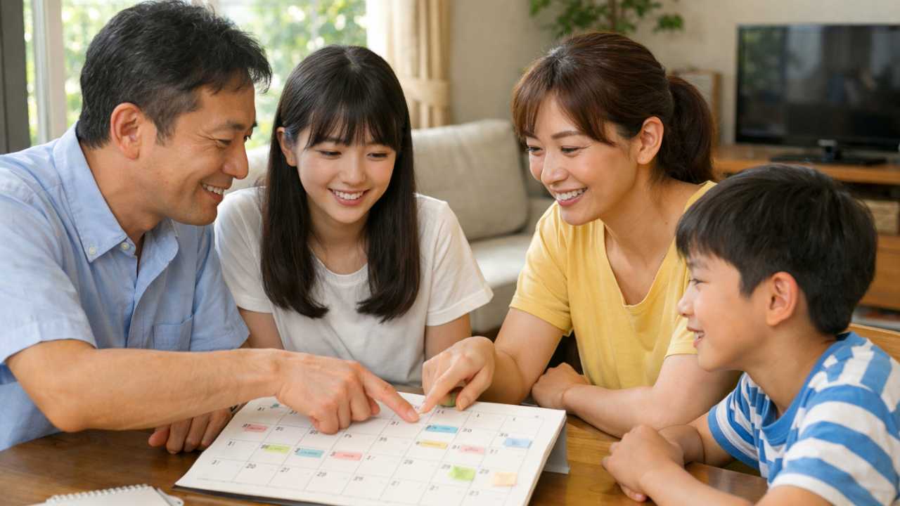 帰省前に家族で予定を確認している日本の家庭