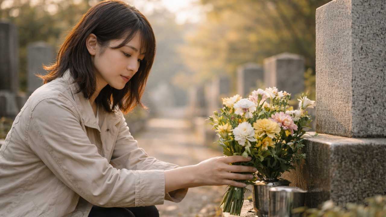 に一人で墓前に花を供える若い世代の人物