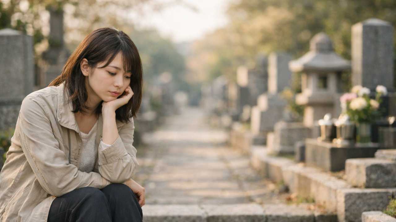 納骨に行くべきか迷う20代〜30代の孫世代の人物が、落ち着いた墓地の参道で静かに考え込んでいる実写風の写真