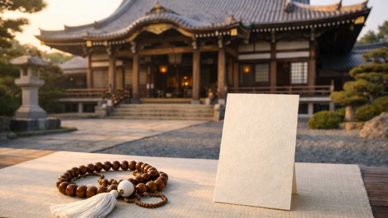 浄土真宗大谷派の法名について解説するブログ用アイキャッチ、京都の真宗寺院を想起させる落ち着いた本堂外観