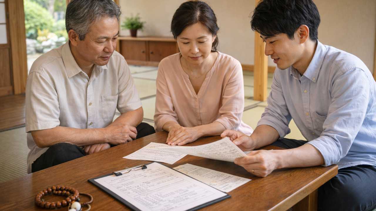 家族が落ち着いた和室で法名や費用について相談している様子