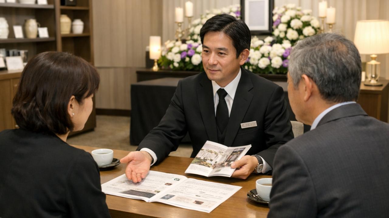 落ち着いた雰囲気の葬儀会館の相談スペースで、黒いスーツ姿の葬儀スタッフが遺族に丁寧に説明している様子