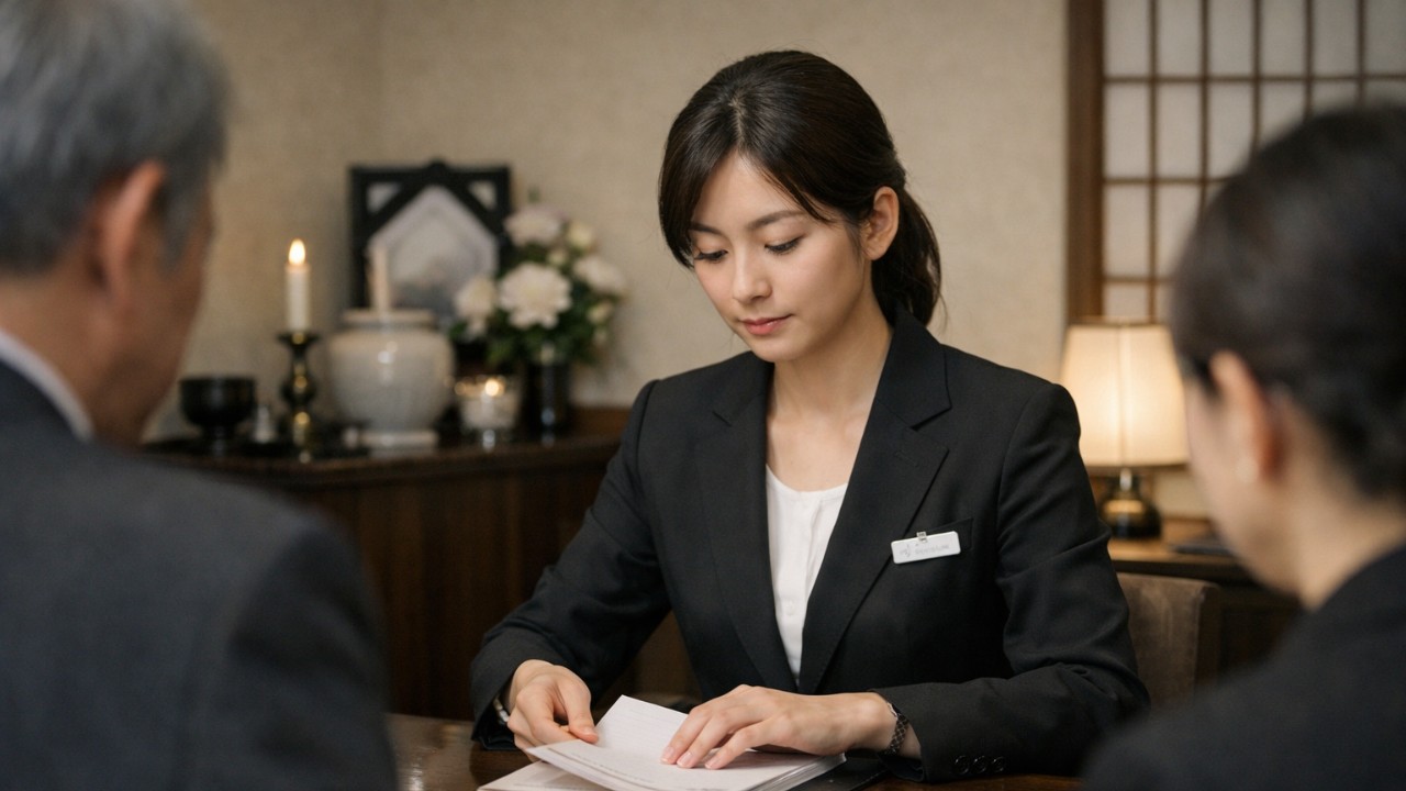 落ち着いた葬儀相談室。黒系のスーツを着た葬祭プランナーが、静かな表情で資料を整えながらご遺族に寄り添う直前の雰囲気