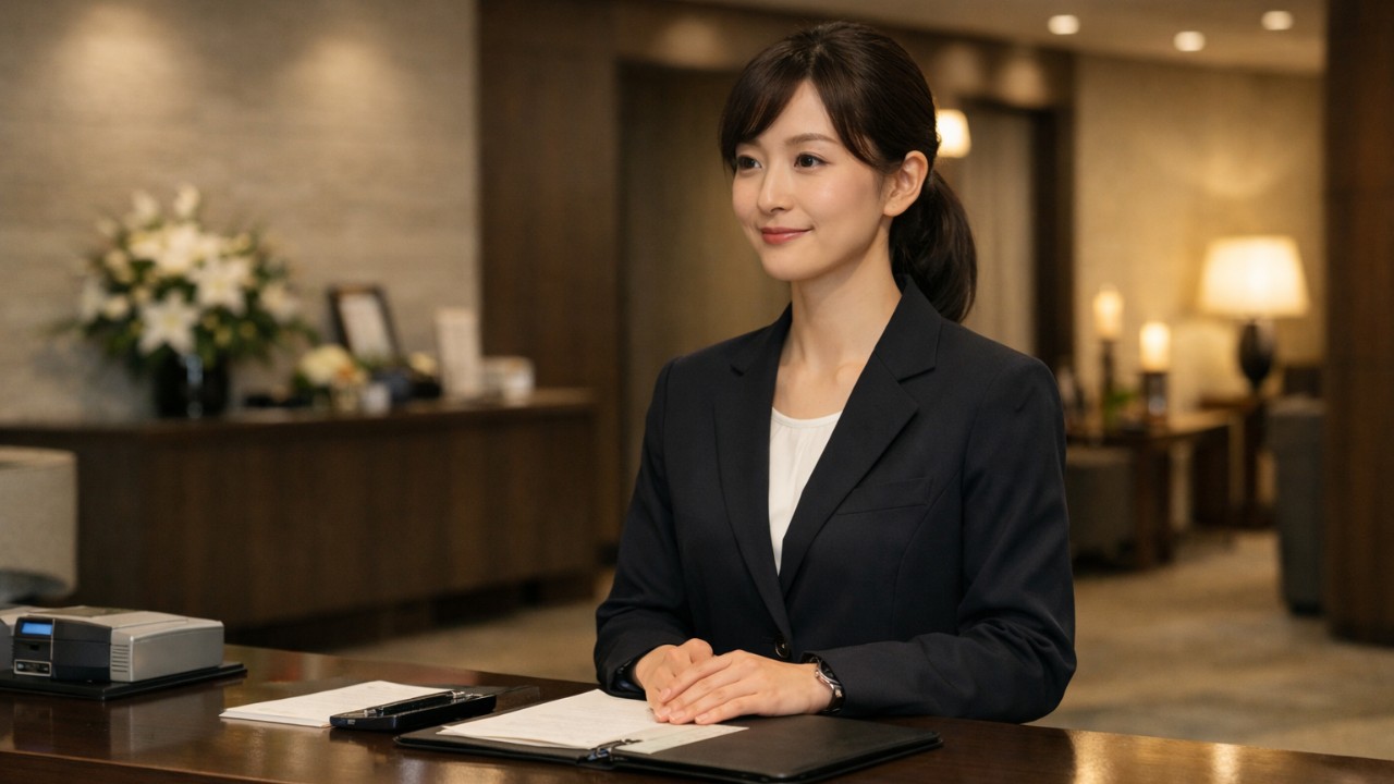落ち着いた現代的な日本の斎場受付エリアで、黒またはダークネイビーの控えめな制服を着た女性スタッフが、穏やかな表情で来場者対応の準備をしている様子
