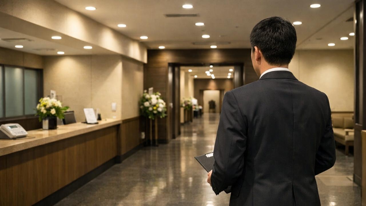 静かで清潔感のある日本の公営斎場の内部、落ち着いた照明、整えられた受付と通路、ダークカラーのスーツを着た職員が案内準備をしている後ろ姿