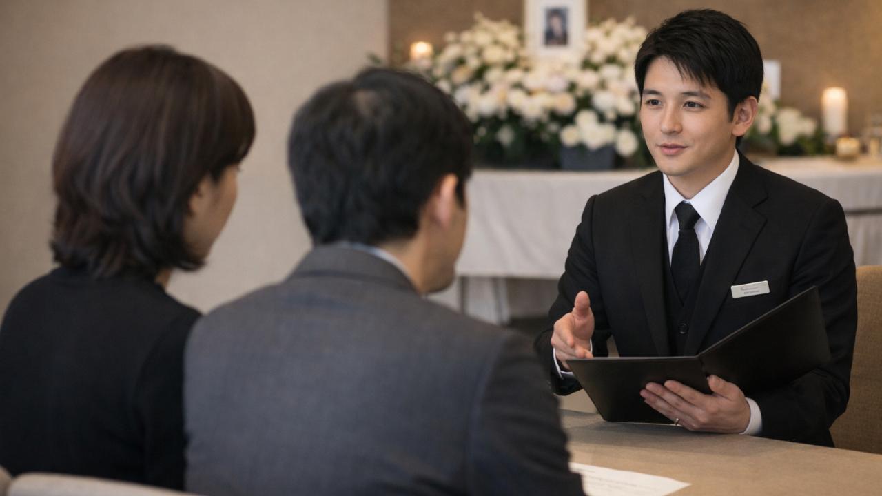 ご遺族と静かに打ち合わせをする葬儀社スタッフ