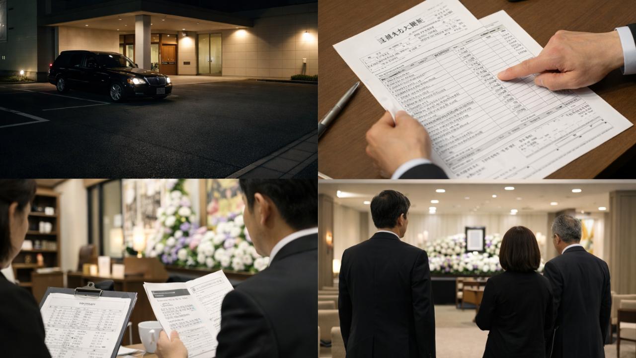 夜間対応を連想させる葬儀会館外観、見積書を確認する手元、式進行表や研修資料を確認するスタッフ、職場見学で会館内を見て回る求職者