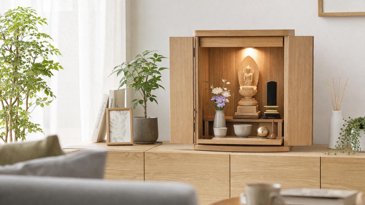 明るい日本のリビングに置かれた家具調のコンパクト仏壇