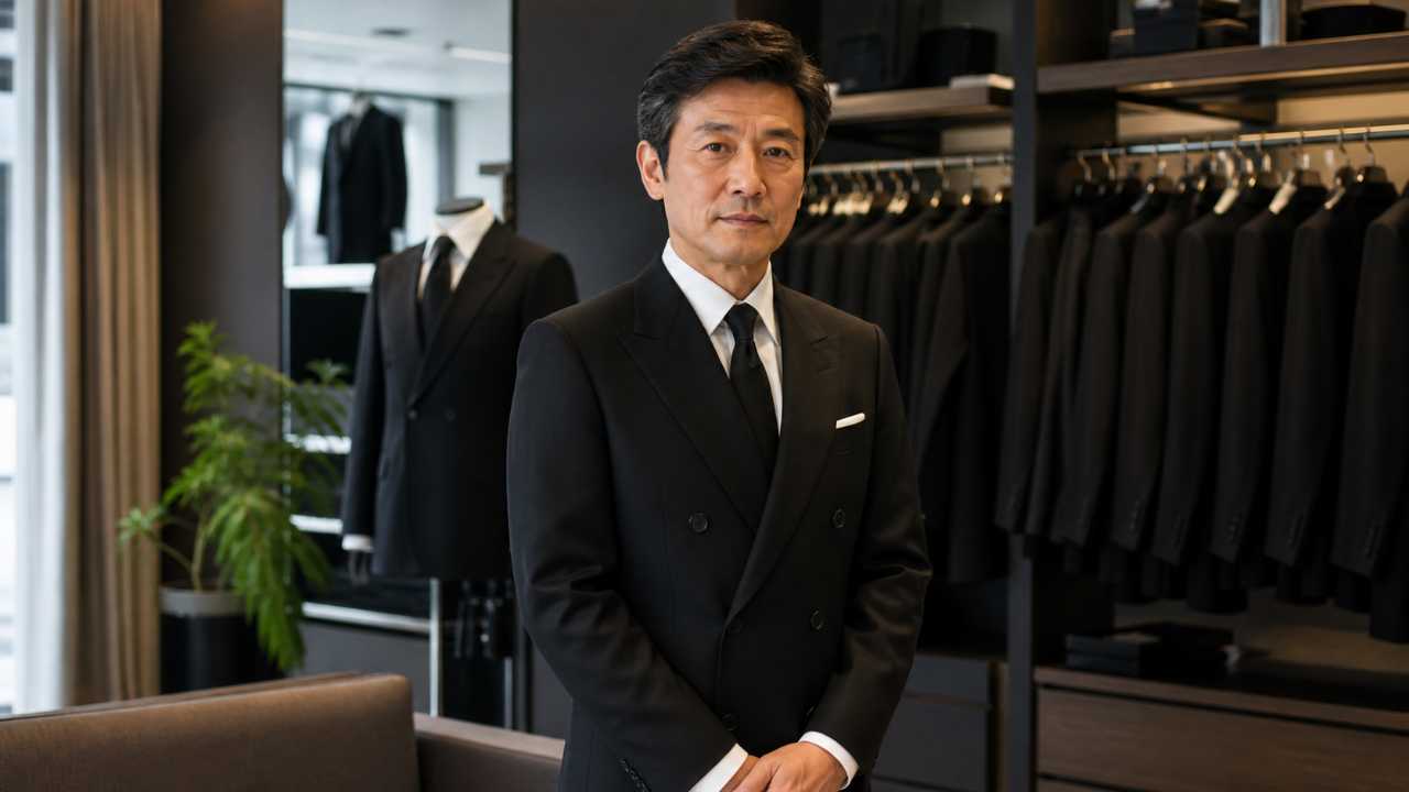 サイズの合った黒のダブル礼服を着た日本人の中年男性が、落ち着いた室内の礼服売り場に立っている構図