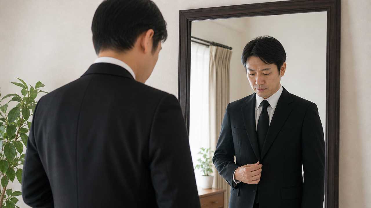 。日本人男性が鏡の前で古い黒の礼服を確認している場面