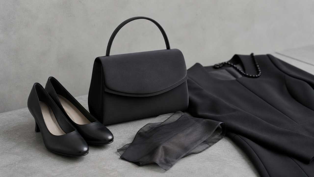 黒のプレーンパンプス、黒のフォーマルバッグ、薄手の黒ストッキング、落ち着いた喪服の一部を上品に配置した実写風写真