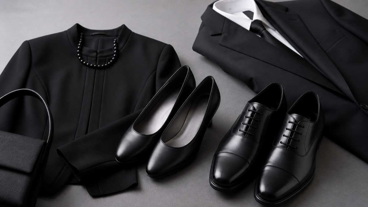 喪服に合わせる黒い靴をテーマにしたブログ用アイキャッチ。黒のフォーマルウェア、黒いパンプス、黒い革靴を落ち着いたグレー背景の上に上品に配置