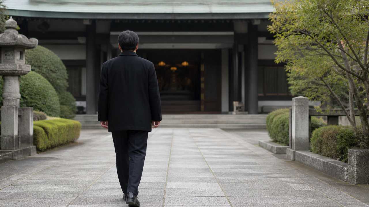 お寺や法要会館へ向かう男性の後ろ姿。黒のジャケットと黒い革靴で落ち着いた印象