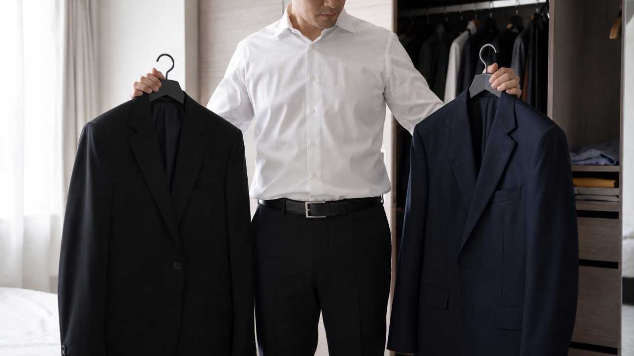 男性がクローゼットの前で黒いジャケットと濃紺ジャケットを見比べている。法事の平服選びを表現