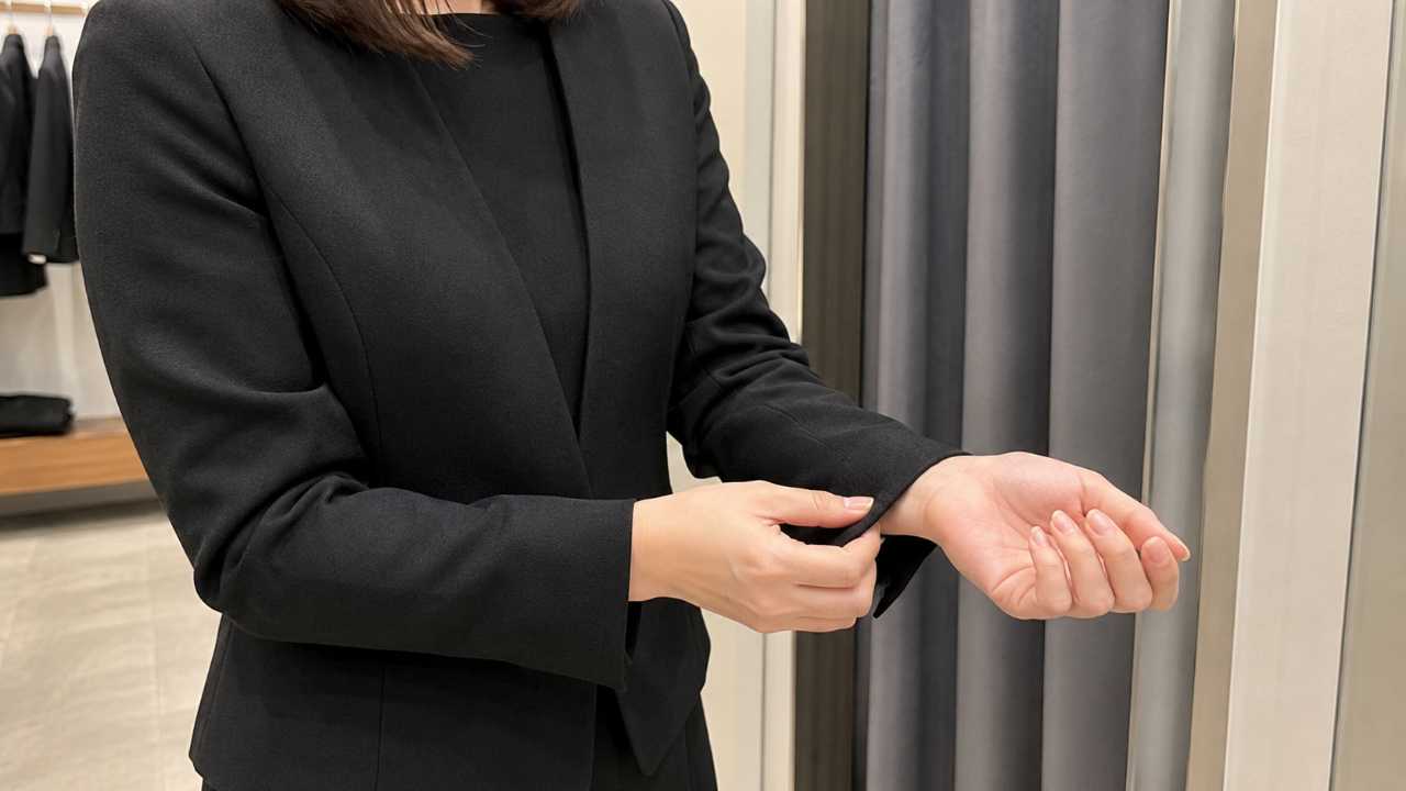 店舗の試着室前で黒ジャケットの袖丈を確認する女性の手元を写した実写風画像