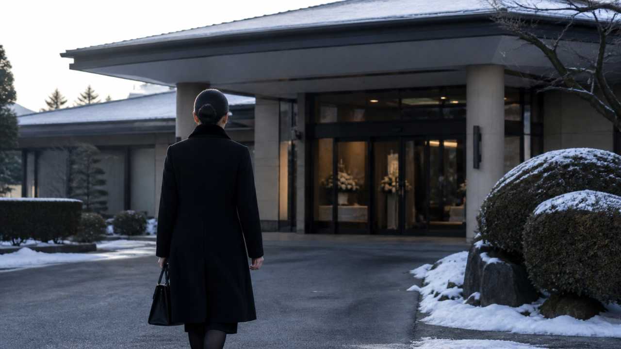 冬の朝、落ち着いた葬儀会場の外観に向かう参列者の後ろ姿。黒い喪服と控えめなコート、静かで厳かな雰囲気