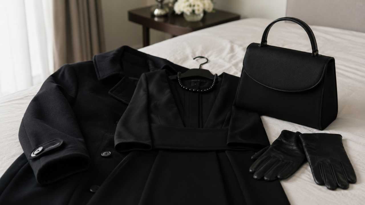 冬の葬儀に参列する前の準備シーン。黒い喪服とシンプルな黒いコート、黒いバッグ、手袋を落ち着いた室内に並べた実写風写真
