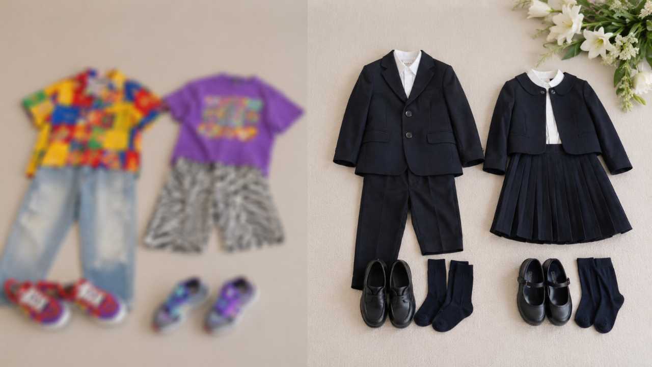 子供の葬儀服装マナーを表す比較イメージ。左に派手な色柄をぼかして置き、右に黒・白・紺の落ち着いた服を整えて配置