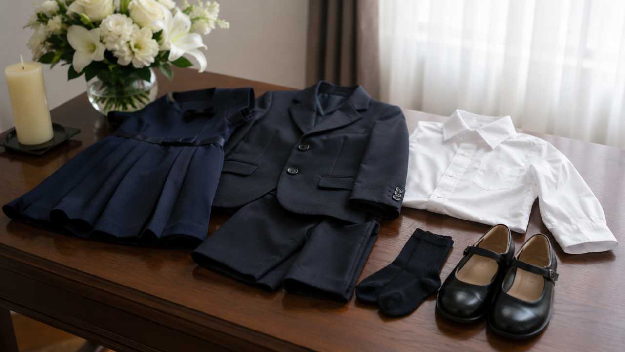 子供の葬儀服装マナーを表す比較イメージ。左に派手な色柄をぼかして置き、右に黒・白・紺の落ち着いた服を整えて配置