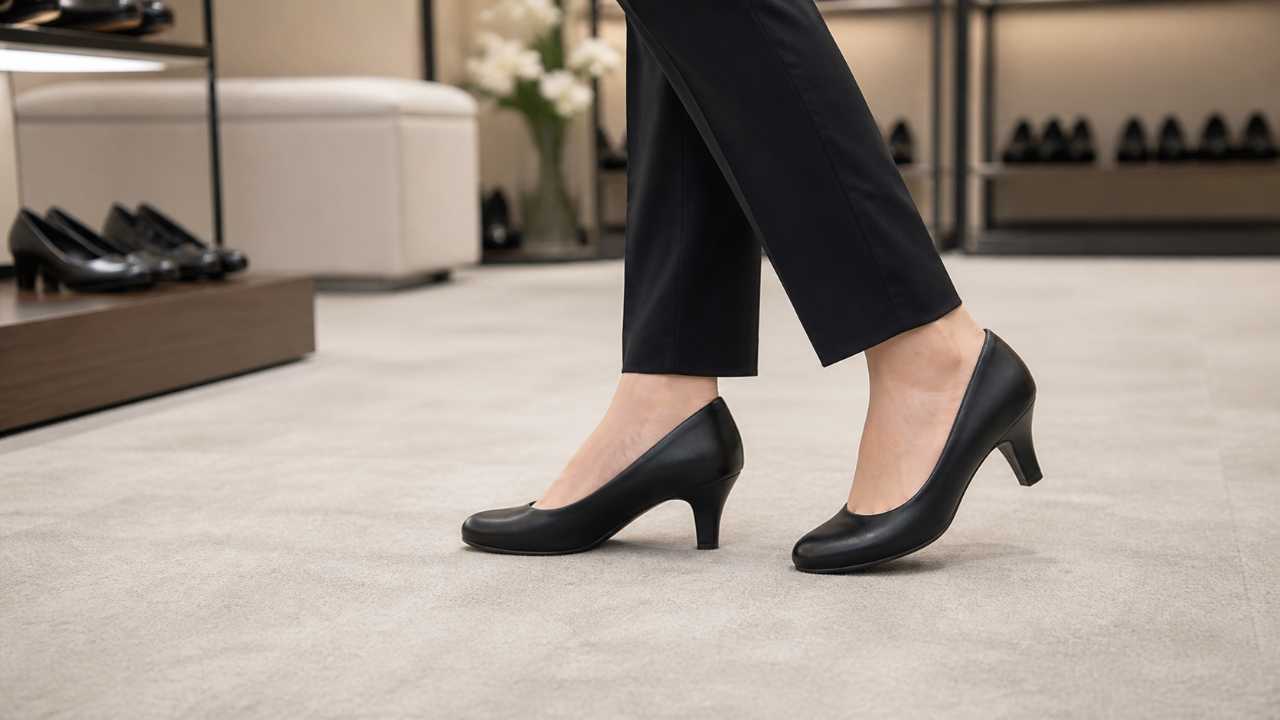 店舗で黒パンプスを試着して歩きやすさを確認する足元
