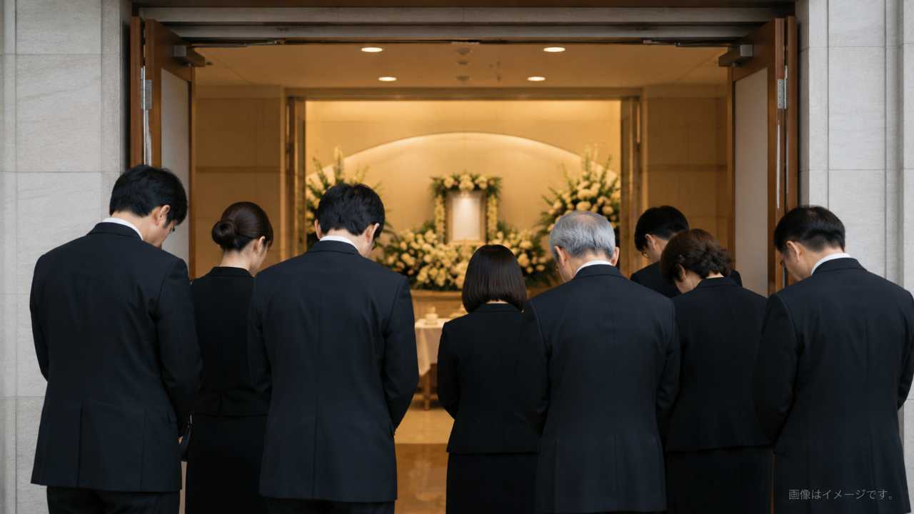 葬儀場の入口で参列者が静かに頭を下げる写真風画像