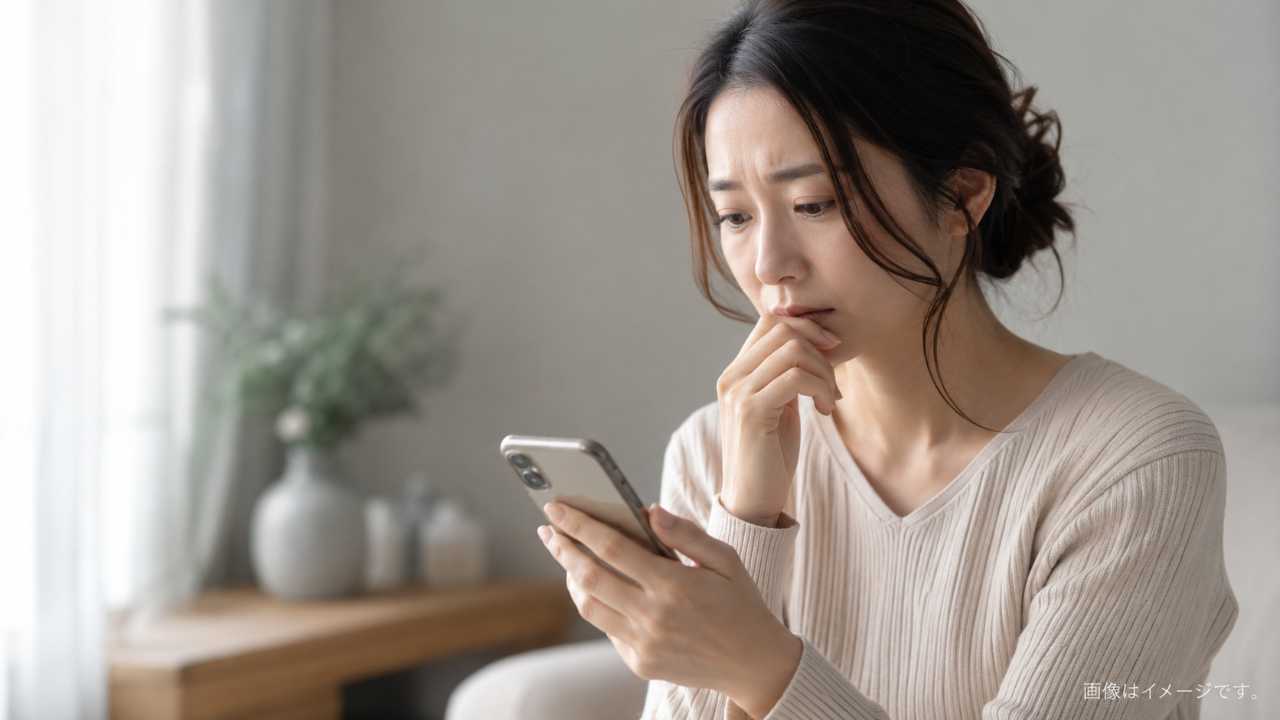 静かな室内で、スマートフォンのメッセージを見ながら複雑な表情で考え込む日本人女性。悲しみと戸惑いが伝わる落ち着いた雰囲気