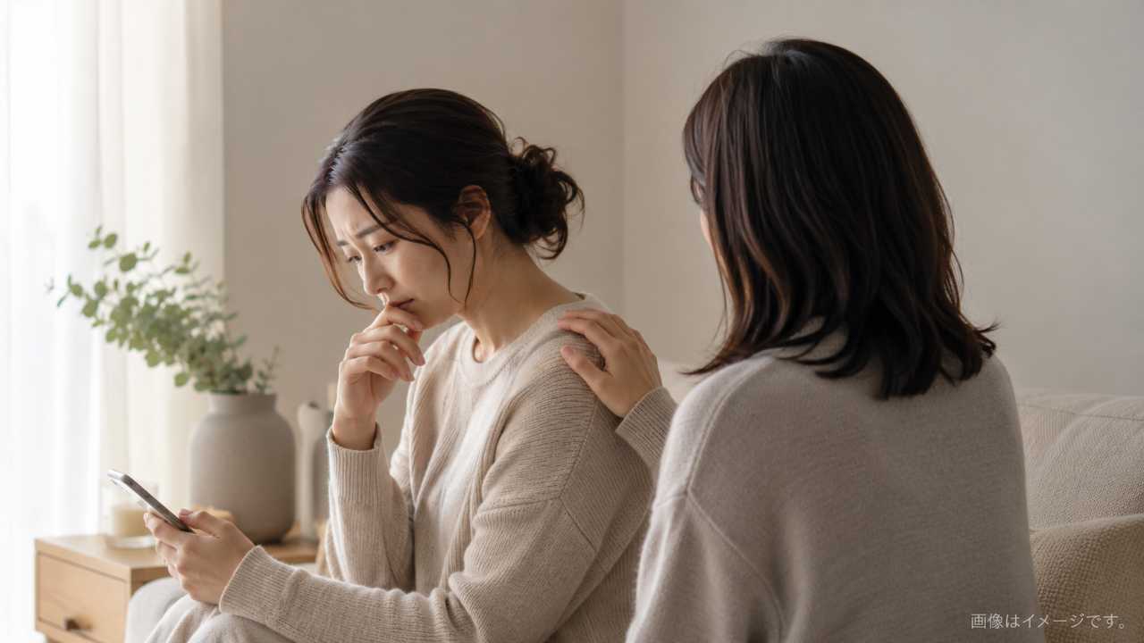 悲しんでいる人の隣に静かに座り、無理に話しかけず寄り添う友人の後ろ姿