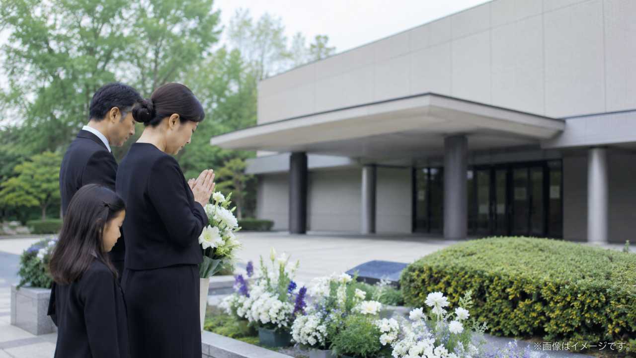 静かな斎場の外観を背景に、喪服姿の家族が花を持って穏やかに手を合わせている写真風の構図