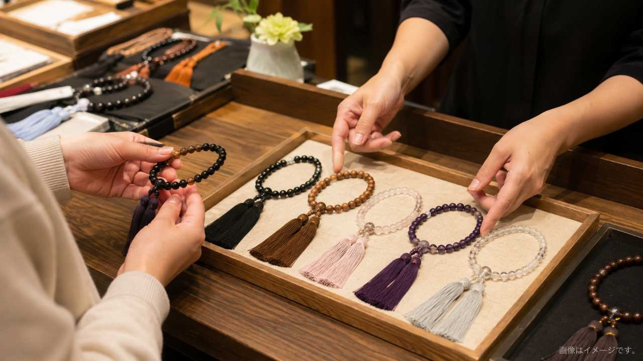 仏具店の木製カウンターで、複数の数珠を比較している手元の写真