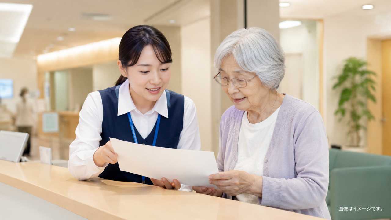 高齢者と支援担当者が入院手続きの書類を確認している実写風写真