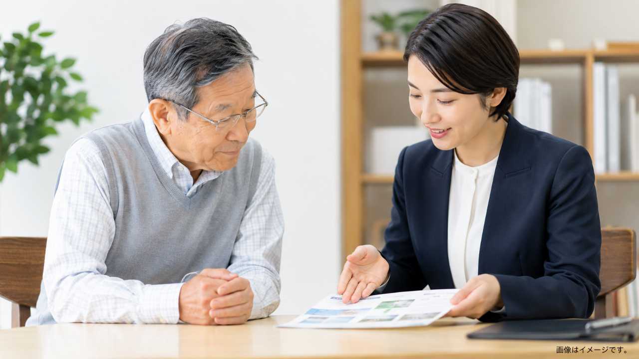 明るい相談室で、高齢者が相談員と一緒に身元保証サービスの比較資料を見ている実写風写真