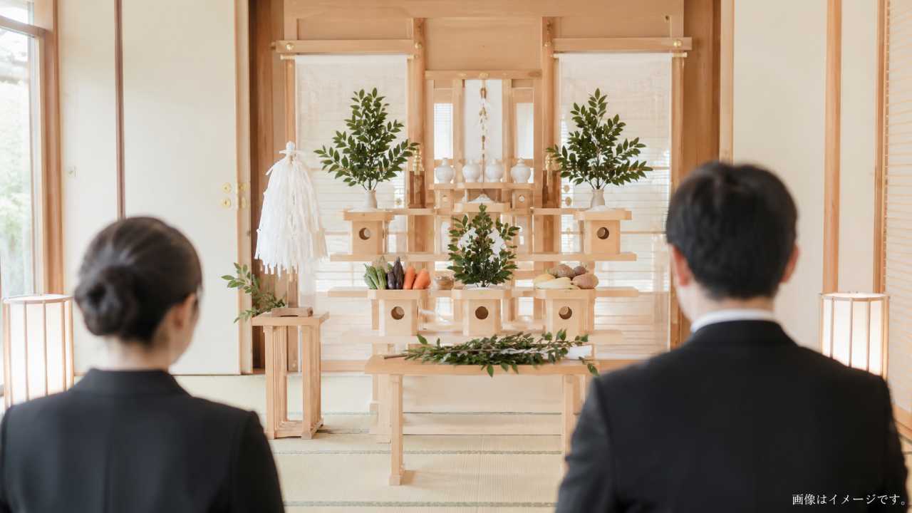 神葬祭の流れをテーマにしたブログ用アイキャッチ画像。落ち着いた和室に白木の祭壇、榊、柔らかな自然光、静かで厳かな雰囲気
